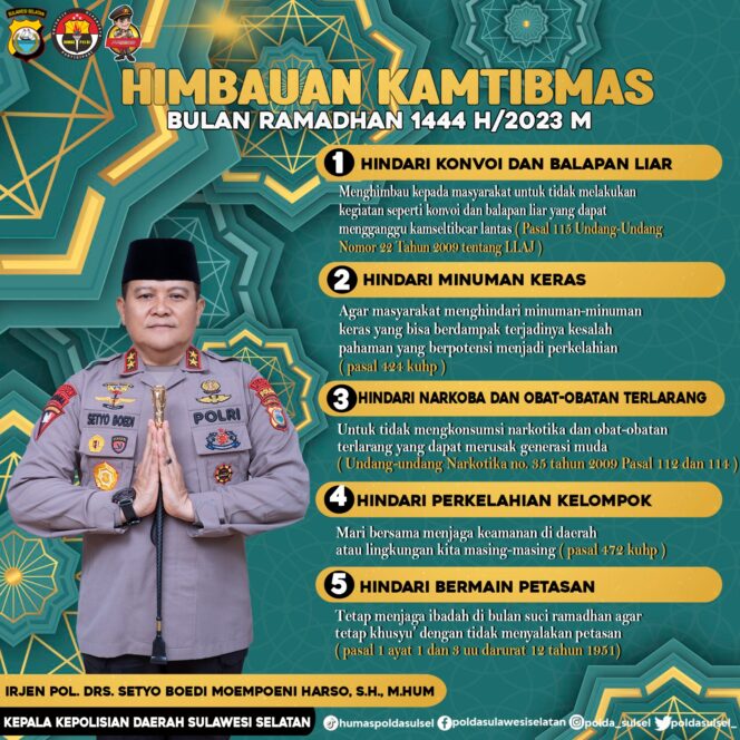 
					Berikan Rasa Aman di Bulan Ramadan, Kapolda Sulsel Irjen Pol Setyo Budi berikan Himbauan Ke Masyarakat